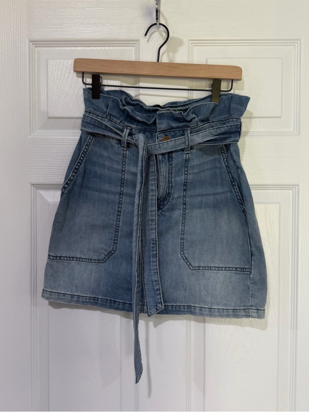 Free People Light Blue Paperbag Denim Mini Skirt with Tie